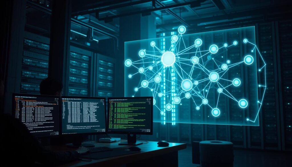 A dark, industrial setting with a futuristic, cyberpunk aesthetic. In the foreground, a network security analyst seated at a sleek, minimalist workstation, intently focused on a series of terminal windows displaying various port scanning techniques - SYN scans, TCP connect scans, UDP scans, and more. The middle ground features a holographic display of a network topology, with glowing nodes and interconnected lines pulsing with data. In the background, a towering data center, its servers and racks illuminated by eerie, neon-tinged lighting, conveying the scale and complexity of modern IT infrastructure. The overall mood is one of technological prowess, digital vulnerability, and the constant battle to secure networks against threats.
