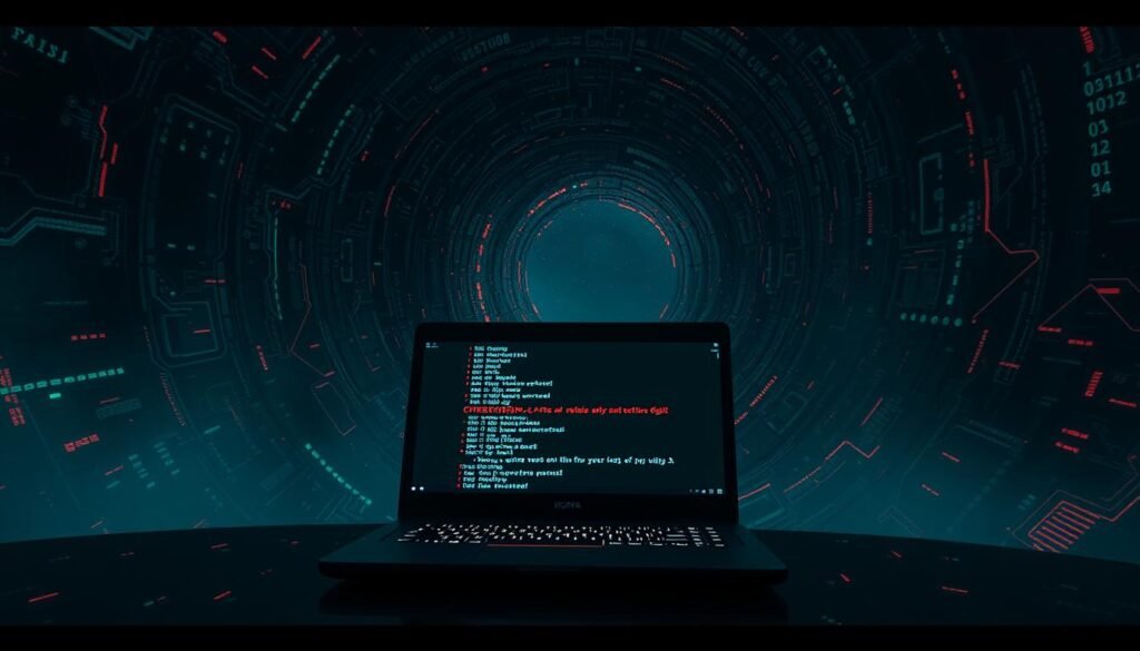 A dark, intricate web of digital vulnerabilities, CVE-2024-XXXXX is a sinister threat lurking in the shadows of the cybersphere. Visualize this threat as a swirling vortex of binary code, with glitching, pixelated edges that hint at the fragility of digital systems. In the foreground, a lone laptop screen displays a cryptic error message, casting an ominous glow upon the scene. The background is shrouded in a haze of data streams and distorted, disjointed circuits, conveying the sense of a system in crisis. The overall mood is one of unease and impending digital catastrophe, a cautionary tale of the importance of cybersecurity vigilance.