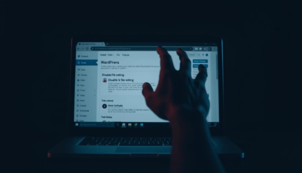 A dark, minimalist desktop scene. In the foreground, a laptop screen displays a WordPress dashboard interface, with the "Disable File Editing" option prominently highlighted. The screen is dimly lit, casting a moody, serious atmosphere. In the middle ground, a hand hovers over the laptop, symbolizing the act of securing the website. The background is blurred, emphasizing the focus on the task at hand. The lighting is soft and directional, creating dramatic shadows that convey a sense of importance and gravity. The overall tone is one of heightened security awareness and professional diligence.