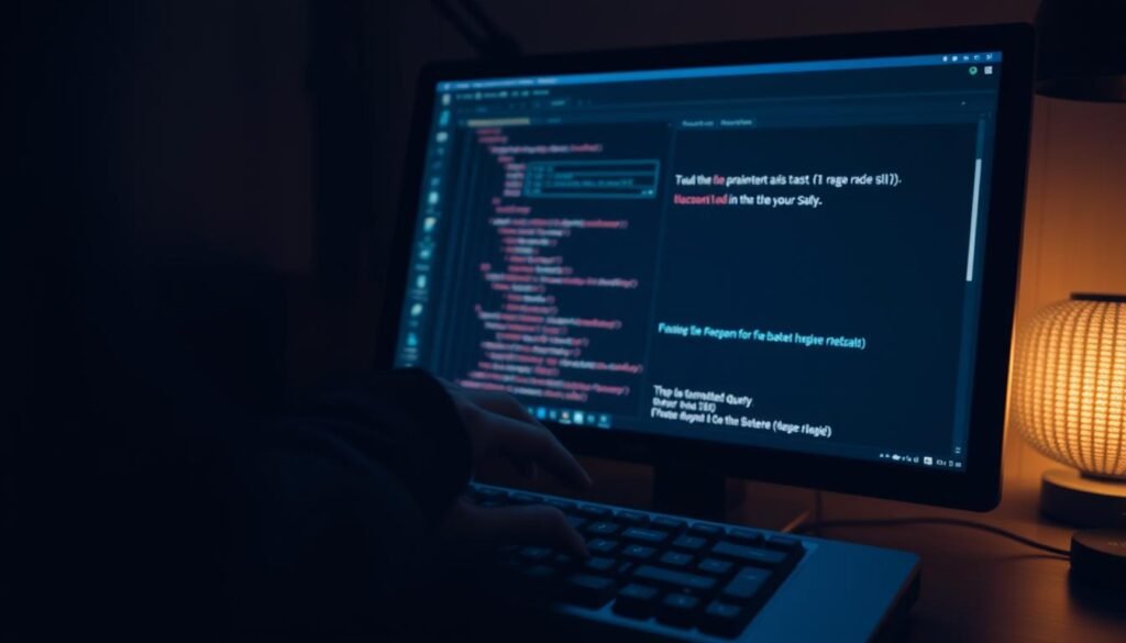A dark, minimalist scene of a computer screen displaying a database query interface. The screen is illuminated by a soft, warm light, casting subtle shadows across the desk. In the foreground, a hand hovers over the keyboard, poised to input parameters into the query fields. The background is blurred, suggesting a focus on the technical task at hand. The overall mood is one of concentration and precision, conveying the importance of properly structuring SQL queries to prevent vulnerabilities. A dark, minimalist scene of a computer screen displaying a database query interface. The screen is illuminated by a soft, warm light, casting subtle shadows across the desk. In the foreground, a hand hovers over the keyboard, poised to input parameters into the query fields. The background is blurred, suggesting a focus on the technical task at hand. The overall mood is one of concentration and precision, conveying the importance of properly structuring SQL queries to prevent vulnerabilities.