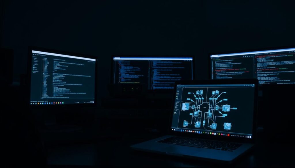 A dark, minimalist workspace illuminated by the glow of multiple computer screens. In the foreground, a laptop displays the output of a Netdiscover network scan, revealing a detailed network topology. The middle ground features various network devices, such as routers and switches, arranged in a neat and organized manner. In the background, a series of command prompts and terminal windows showcase the technical process of conducting a comprehensive internal network scan. The lighting is moody and atmospheric, creating a sense of focus and intensity. The overall scene conveys the methodical and analytical nature of the network reconnaissance task at hand.