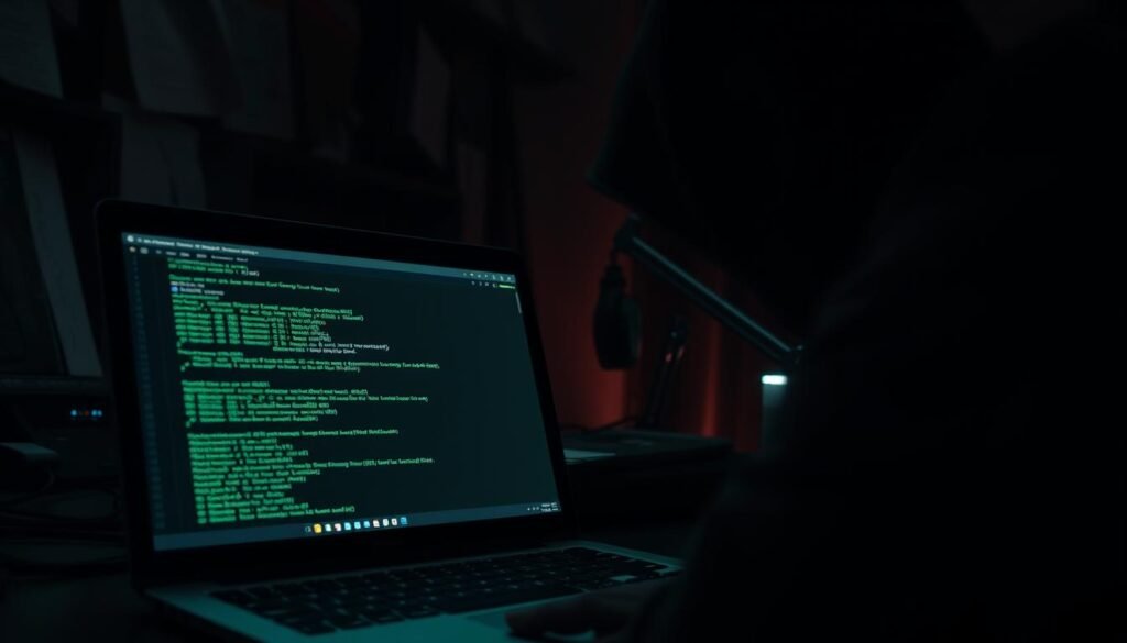 A dark, moody hacking scene. In the foreground, a laptop screen displays the SQLMap interface, its terminal window glowing with lines of code and SQL commands. The middle ground features a shadowy figure hunched over the laptop, their face obscured by the screen's glow. In the background, a dimly lit workspace with scattered papers, cables, and the faint outline of other digital devices, conveying a sense of focused intensity. The lighting is dramatic, with deep shadows and pools of light, creating an atmosphere of suspense and technical prowess. The overall tone is one of sophisticated, covert cybersecurity exploration.