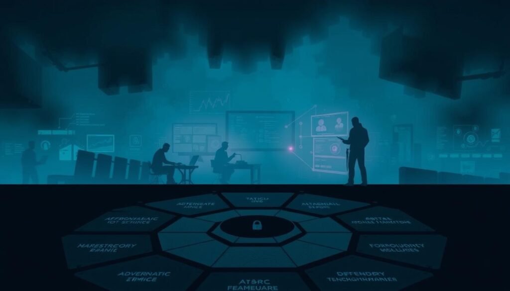 A dark, moody illustration of the MITRE ATT&CK Framework, showcasing its key use cases. In the foreground, a stylized hexagonal grid represents the framework's tactics and techniques, each segment casting an ominous shadow. In the middle ground, abstract data visualizations and IoT devices symbolize the diverse cybersecurity domains the framework covers. The background is shrouded in an atmospheric haze, with faint silhouettes of adversaries and defenders engaging in a digital battle. The scene is lit by a cool, bluish light, creating a sense of tension and urgency. The overall composition conveys the framework's comprehensive and critical role in understanding and mitigating complex cyber threats.