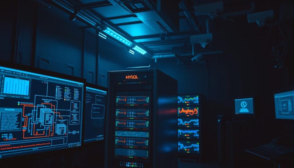 A dark, moody room illuminated by the soft glow of multiple computer monitors displaying MySQL activity data. In the foreground, a network diagram and security dashboard provide real-time insights into database connections, queries, and potential threats. The middle ground features a sleek, metallic server rack, its blinking lights and cooling fans creating an industrial ambiance. In the background, an array of security cameras surveils the environment, casting an ominous yet vigilant presence. The lighting is a mix of cool, bluish tones and warm, amber hues, creating depth and drama. The overall scene conveys the importance of proactive monitoring and auditing to safeguard a critical MySQL database infrastructure. A dark, moody room illuminated by the soft glow of multiple computer monitors displaying MySQL activity data. In the foreground, a network diagram and security dashboard provide real-time insights into database connections, queries, and potential threats. The middle ground features a sleek, metallic server rack, its blinking lights and cooling fans creating an industrial ambiance. In the background, an array of security cameras surveils the environment, casting an ominous yet vigilant presence. The lighting is a mix of cool, bluish tones and warm, amber hues, creating depth and drama. The overall scene conveys the importance of proactive monitoring and auditing to safeguard a critical MySQL database infrastructure.