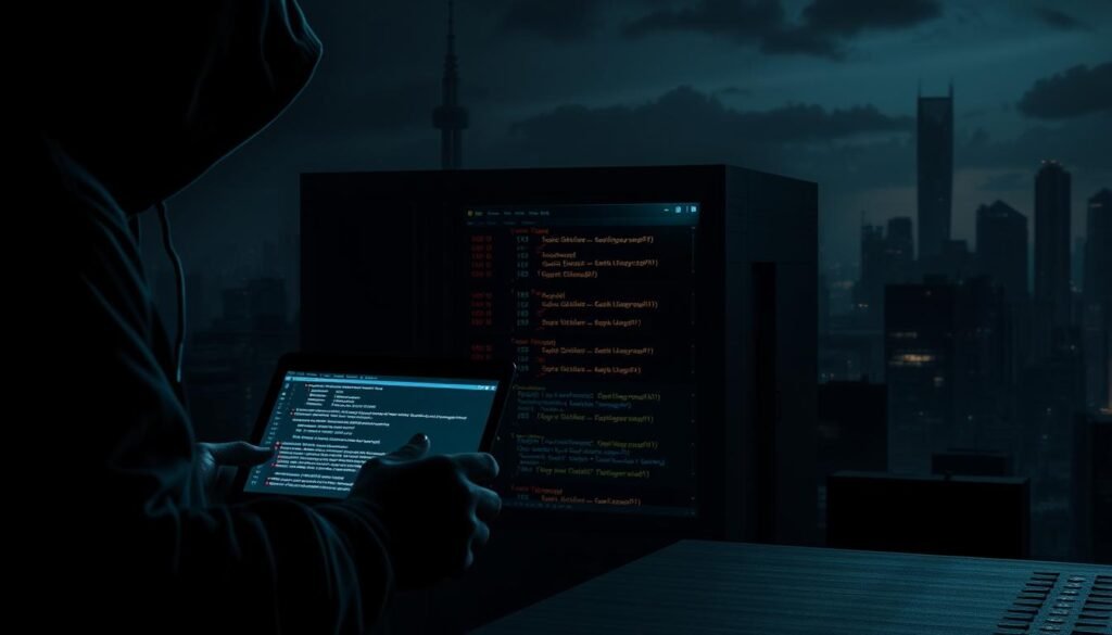 A dark, moody scene depicting the risks of MySQL's default configurations. In the foreground, a shadowy figure representing a hacker lurks, hands poised over a glowing laptop. The middle ground features a MySQL database server, its default settings exposed and vulnerable. In the background, a city skyline looms, hinting at the broader cybersecurity landscape. Dramatic lighting casts long shadows, creating a sense of foreboding. The image conveys the importance of securing MySQL by removing default configurations and test databases, as outlined in the article's section title. A dark, moody scene depicting the risks of MySQL's default configurations. In the foreground, a shadowy figure representing a hacker lurks, hands poised over a glowing laptop. The middle ground features a MySQL database server, its default settings exposed and vulnerable. In the background, a city skyline looms, hinting at the broader cybersecurity landscape. Dramatic lighting casts long shadows, creating a sense of foreboding. The image conveys the importance of securing MySQL by removing default configurations and test databases, as outlined in the article's section title.