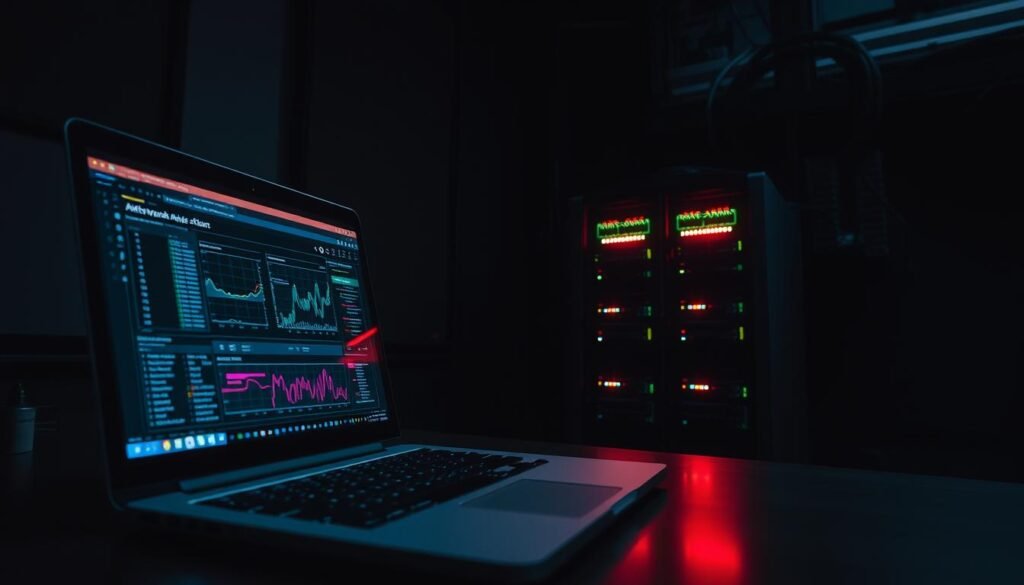 A dark, moody scene depicting the steps of network traffic monitoring. In the foreground, a laptop screen displays a network analysis dashboard, its neon-lit interface casting a cyberpunk glow. In the middle ground, a network switch and server rack stand sentry, their blinking lights and cables like the pulsing arteries of the digital world. The background is shrouded in shadow, hinting at the unseen threats lurking in the network. The lighting is dramatic, with sharp contrasts and deep shadows, conveying the high-stakes nature of malware detection. The camera angle is slightly elevated, giving a sense of control and oversight over the technical landscape. A dark, moody scene depicting the steps of network traffic monitoring. In the foreground, a laptop screen displays a network analysis dashboard, its neon-lit interface casting a cyberpunk glow. In the middle ground, a network switch and server rack stand sentry, their blinking lights and cables like the pulsing arteries of the digital world. The background is shrouded in shadow, hinting at the unseen threats lurking in the network. The lighting is dramatic, with sharp contrasts and deep shadows, conveying the high-stakes nature of malware detection. The camera angle is slightly elevated, giving a sense of control and oversight over the technical landscape.
