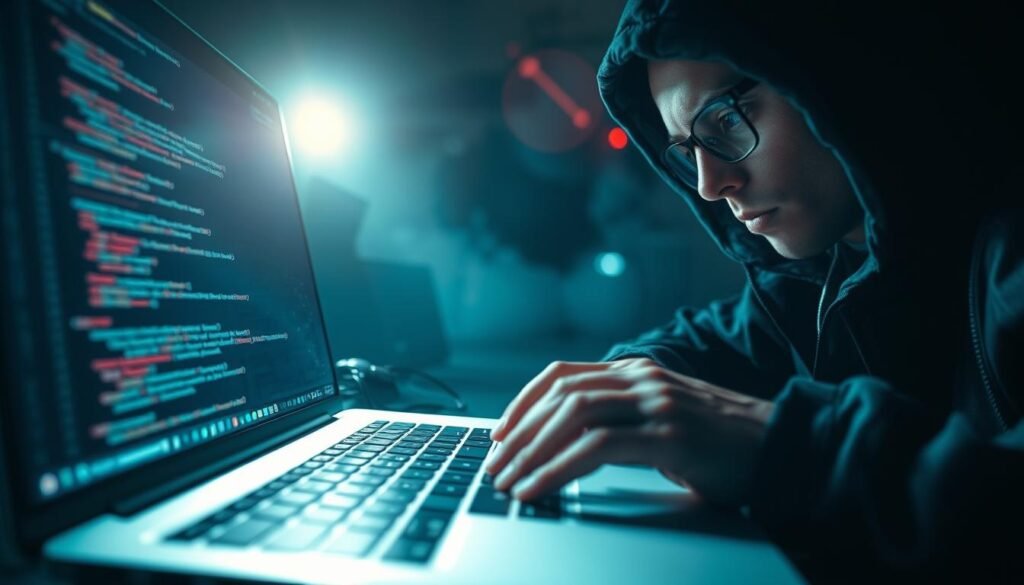 A dark, moody scene of a cybersecurity expert testing for cross-site scripting vulnerabilities. In the foreground, a laptop screen displays lines of code and diagnostic tools, casting a soft glow on the hacker's face. In the middle ground, the hacker's hands deftly navigate the keyboard, eyes narrowed in concentration. The background is shrouded in shadows, hinting at the hidden dangers of the digital landscape. Dramatic lighting creates deep contrasts, emphasizing the intensity and focus of the task at hand. The overall atmosphere conveys the gravity and importance of identifying and understanding XSS vulnerabilities. A dark, moody scene of a cybersecurity expert testing for cross-site scripting vulnerabilities. In the foreground, a laptop screen displays lines of code and diagnostic tools, casting a soft glow on the hacker's face. In the middle ground, the hacker's hands deftly navigate the keyboard, eyes narrowed in concentration. The background is shrouded in shadows, hinting at the hidden dangers of the digital landscape. Dramatic lighting creates deep contrasts, emphasizing the intensity and focus of the task at hand. The overall atmosphere conveys the gravity and importance of identifying and understanding XSS vulnerabilities.