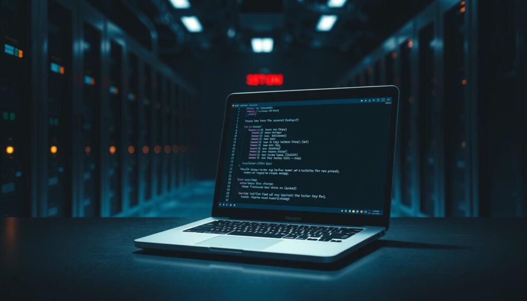 A dark, moody server room with a focus on a laptop screen displaying a secure shell (SSH) terminal interface. The laptop is positioned on a sleek, metallic desk, casting a soft glow across the dimly lit space. The background features a blurred array of server racks and blinking indicator lights, conveying a sense of technical complexity and cybersecurity. Dramatic shadows and highlights create a sense of tension and urgency, while the overall composition emphasizes the importance of verifying and securing the SSH connection. The scene evokes a professional, high-stakes atmosphere suitable for the "Testing the New SSH Port" section of the article.