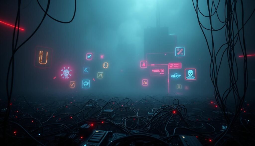 A dark, ominous cyberpunk landscape of network security threats. In the foreground, a tangled web of digital data streams and glowing circuit boards, hinting at the complex and interconnected nature of modern computer networks. In the middle ground, stylized icons representing common threats like viruses, hackers, and malware loom ominously. The background is shrouded in a hazy, neon-tinged atmosphere, conveying a sense of technological unease and the ever-present danger lurking within digital systems. Dramatic high-contrast lighting, a moody color palette, and a sense of foreboding create an impactful, visually striking scene that captures the essence of network security threats.