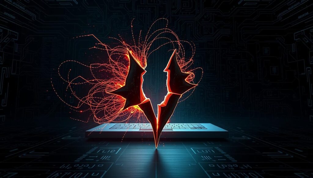 A dark, ominous cybersecurity threat looms against a stark, digital backdrop. In the foreground, a glowing, jagged fracture symbolizes the critical CVE vulnerability, its dangerous edges radiating an unsettling energy. Swirling around it, lines of code and cryptic data streams hint at the complex, unseen dangers lurking within. The middle ground features a sleek, futuristic interface, its minimalist design belying the gravity of the situation. In the background, a dense matrix of interconnected systems suggests the widespread impact of this security risk. Dramatic lighting casts dramatic shadows, heightening the sense of foreboding and the need for urgent action.