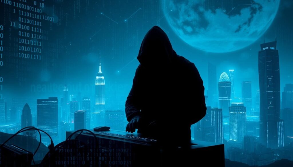 A dark, ominous digital landscape, shrouded in a hazy, cyberpunk atmosphere. In the foreground, a tangle of binary code and glitching, distorted digital elements represent the malicious forces of cybersecurity threats. The middle ground features a shadowy, faceless figure hunched over a sleek, futuristic computer terminal, their hands typing rapidly as they infiltrate secure systems. In the background, a sprawling cityscape of towering, neon-lit skyscrapers and a starry, turbulent sky create a sense of technological advancement and impending danger. The scene is lit by a cool, eerie, blue-tinted lighting, conveying a sense of unease and the ever-present threat of digital intrusion. A dark, ominous digital landscape, shrouded in a hazy, cyberpunk atmosphere. In the foreground, a tangle of binary code and glitching, distorted digital elements represent the malicious forces of cybersecurity threats. The middle ground features a shadowy, faceless figure hunched over a sleek, futuristic computer terminal, their hands typing rapidly as they infiltrate secure systems. In the background, a sprawling cityscape of towering, neon-lit skyscrapers and a starry, turbulent sky create a sense of technological advancement and impending danger. The scene is lit by a cool, eerie, blue-tinted lighting, conveying a sense of unease and the ever-present threat of digital intrusion.