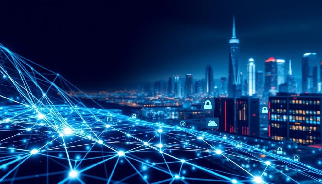 A detailed network diagram with various data analysis techniques. In the foreground, a complex web of interconnected nodes and lines representing network traffic flow. In the middle ground, stylized icons for packet sniffing, log analysis, and anomaly detection. In the background, a sleek, futuristic cityscape with skyscrapers and glowing data centers. The scene is illuminated by a cool, blueish light, creating a sense of technological sophistication. The overall mood is one of strategic insight and cybersecurity vigilance. A detailed network diagram with various data analysis techniques. In the foreground, a complex web of interconnected nodes and lines representing network traffic flow. In the middle ground, stylized icons for packet sniffing, log analysis, and anomaly detection. In the background, a sleek, futuristic cityscape with skyscrapers and glowing data centers. The scene is illuminated by a cool, blueish light, creating a sense of technological sophistication. The overall mood is one of strategic insight and cybersecurity vigilance.