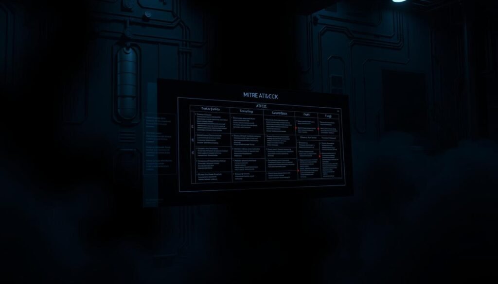 A detailed, technical diagram of the MITRE ATT&CK Framework, presented against a dark, moody backdrop. The framework's matrix of tactics and techniques is rendered in a clean, minimalist style, with sharp lines and a color palette of blues, grays, and blacks. The overall composition has a sense of depth, with the matrix floating in the foreground, surrounded by a shadowy, enigmatic background that suggests the complex, interconnected nature of cybersecurity threats. Subtle lighting from the side casts dramatic shadows, emphasizing the framework's structured, analytical nature. The scene conveys a sense of authority and gravitas, befitting the importance of the MITRE ATT&CK Framework in the field of threat analysis.