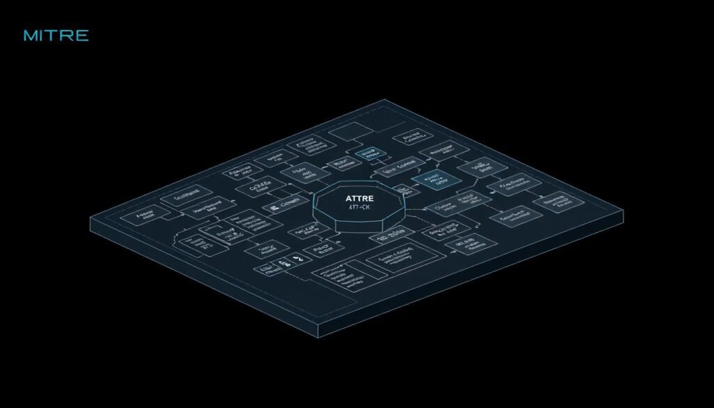 A detailed, technical illustration of the MITRE ATT&CK Framework, showcasing its key components and structure. The framework is depicted as a sleek, three-dimensional diagram against a dark, minimalist background, with clean lines and a modern, blueprint-like aesthetic. The various techniques, tactics, and groups are represented as interconnected modules, providing a clear and comprehensive visualization of the framework's scope and functionality. Subtle lighting and shadows enhance the depth and dimensionality of the image, creating a sense of depth and emphasizing the framework's sophisticated, enterprise-level nature. The overall tone is authoritative, informative, and befitting the subject matter.