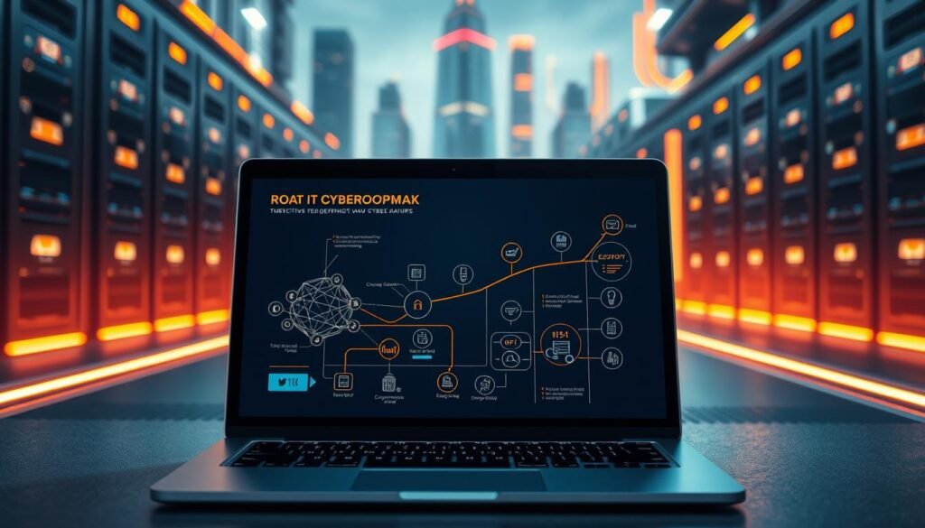A digital roadmap unfolds, charting the transition from IT support to cybersecurity. In the foreground, a sleek laptop displays a network diagram, highlighting the interconnected systems that secure digital landscapes. The middle ground features icons representing key cybersecurity disciplines - encryption, firewalls, threat analysis - arranged in a strategic progression. In the background, a futuristic cityscape of towering data centers and glowing server racks creates a techno-centric atmosphere, underscoring the importance of robust cybersecurity in the modern digital age. Warm, directional lighting casts a sense of progress and innovation, guiding the viewer through the roadmap's steps towards a more secure future.