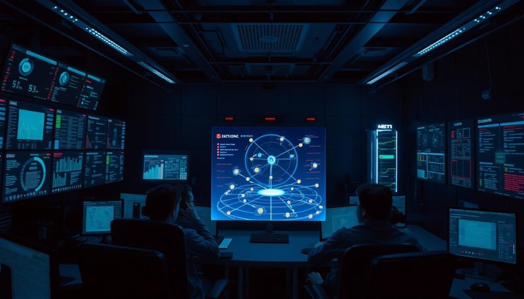 A dimly lit command center, bathed in the soft glow of multiple monitors displaying cybersecurity dashboards and real-time threat analytics. In the foreground, a team of blue-clad professionals intently focused on their workstations, their expressions a mix of concentration and vigilance. The middle ground features a central holographic display projecting a network topology, with color-coded indicators highlighting potential vulnerabilities and suspicious activity. In the background, a sleek, high-tech backdrop of servers, racks, and blinking LEDs, creating an atmosphere of sophisticated, state-of-the-art cybersecurity operations. The lighting is moody and atmospheric, conveying a sense of seriousness and importance in the team's mission to protect against digital threats. A dimly lit command center, bathed in the soft glow of multiple monitors displaying cybersecurity dashboards and real-time threat analytics. In the foreground, a team of blue-clad professionals intently focused on their workstations, their expressions a mix of concentration and vigilance. The middle ground features a central holographic display projecting a network topology, with color-coded indicators highlighting potential vulnerabilities and suspicious activity. In the background, a sleek, high-tech backdrop of servers, racks, and blinking LEDs, creating an atmosphere of sophisticated, state-of-the-art cybersecurity operations. The lighting is moody and atmospheric, conveying a sense of seriousness and importance in the team's mission to protect against digital threats.