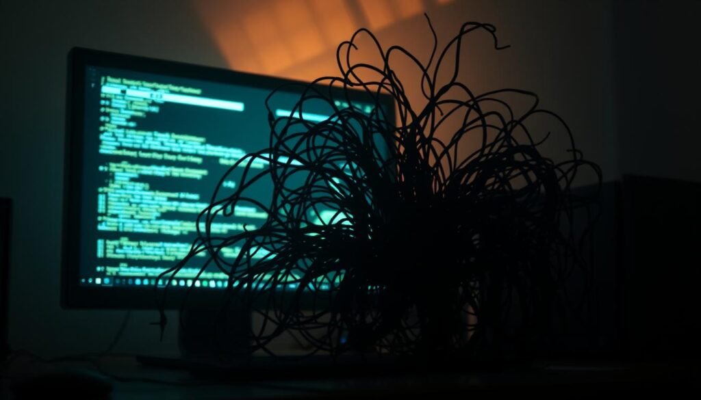 A dimly lit computer desktop, its screen glitching and flickering, casting an eerie glow across the workspace. In the foreground, a complex network of shadowy, tendriled shapes emerges from the monitor, seemingly burrowing into the system's core. The background is obscured by a hazy, distorted hue, suggesting the pervasive presence of a malicious rootkit infection. Harsh, directional lighting highlights the intricate, almost organic nature of the rootkit's manifestation, while a sense of unease and foreboding pervades the scene.