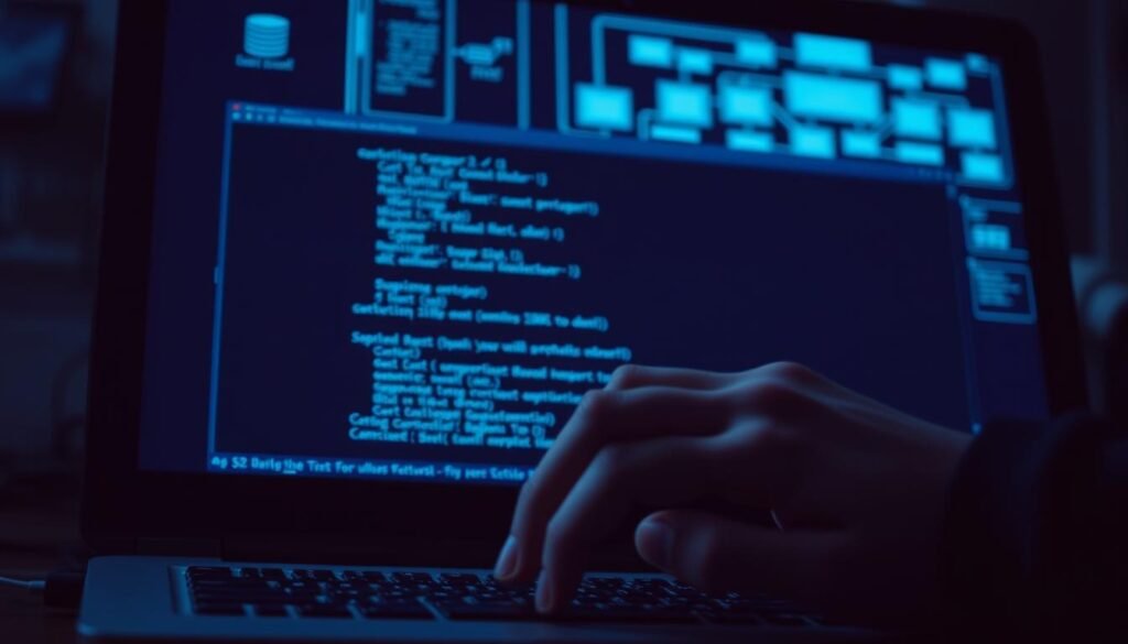 A dimly lit computer screen displays a command-line interface, the cursor blinking steadily. The user's hands hover over the keyboard, fingers poised to enter the SQLMap command. The screen casts a soft, bluish glow, illuminating the user's face, their expression focused and intense. In the background, a network diagram or database schema is faintly visible, hinting at the complex infrastructure being probed. The scene conveys a sense of methodical, technical exploration, the user delving into the depths of the database, uncovering its vulnerabilities with precision and purpose.
