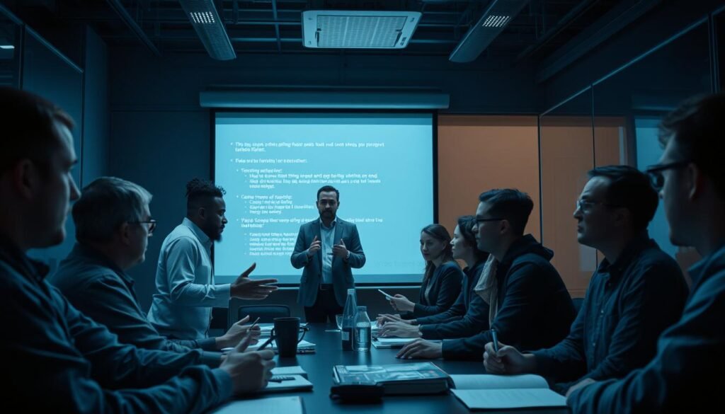 A dimly lit corporate office, employees gathered around a table, their faces illuminated by the soft glow of a projector screen. The trainer, standing at the front, gestures emphatically as they explain the intricacies of phishing scams and security best practices. The trainees, their expressions a mix of concentration and curiosity, take notes diligently, eager to learn how to protect themselves and their organization. The room's atmosphere is one of focused learning, with a subtle sense of tension, underscoring the importance of the subject matter. The scene is captured with a wide-angle lens, providing a comprehensive view of the training session, conveying the collaborative and interactive nature of the experience.