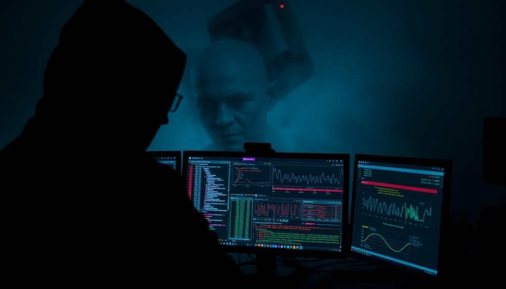 A dimly lit cybercriminal's workspace, with multiple computer screens displaying network data and port scanning tools. In the foreground, a hooded figure intently monitors the screens, their face obscured by shadows. The middle ground features an array of blinking, color-coded indicators and graphs, visualizing the ongoing port scanning attack. The background is shrouded in a hazy, ominous atmosphere, evoking a sense of unease and the gravity of the situation. The lighting is dramatic, with pools of light and shadow creating a moody, intense tone. The overall scene conveys the methodical, stealthy nature of a cybercriminal's port scanning activities.