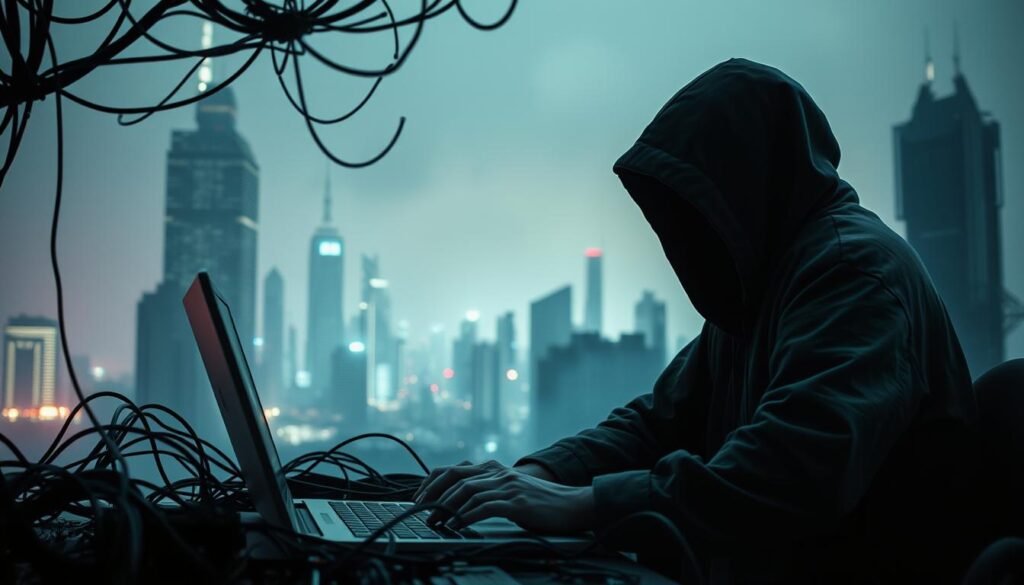 A dimly lit cyberpunk landscape, neon hues casting an eerie glow. In the foreground, a hooded figure sits hunched over a laptop, fingers flying across the keyboard. Their face is obscured, shrouded in mystery. Surrounding them, a tangle of cables and circuit boards, a visual representation of the complex and interconnected digital world. In the background, towering skyscrapers and a hazy skyline, hinting at the scope and scale of the cyber realm. The mood is one of intensity, focus, and a sense of purpose - the motivations of a hacker, driven by curiosity, a desire for knowledge, or perhaps more nefarious aims. Captured through a wide-angle lens, the scene conveys the multifaceted nature of cybersecurity and the diverse motivations that drive those who seek to both protect and exploit digital systems.