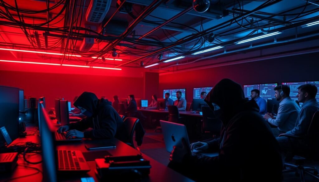 A dimly lit cybersecurity command center, where two teams, the Red Team and Blue Team, engage in a high-stakes digital duel. In the foreground, members of the Red Team, clad in dark hoodies and masks, huddle over their laptops, their expressions intense as they probe for vulnerabilities. Across the room, the Blue Team, in crisp uniforms, monitor a wall of screens, their brows furrowed as they work to defend against the onslaught. Overhead, a network of cables and screens casts an eerie glow, creating a tense, atmospheric scene. The room is bathed in a cool, bluish light, heightening the sense of strategic tension between the two teams as they battle to outsmart one another in the digital realm.
