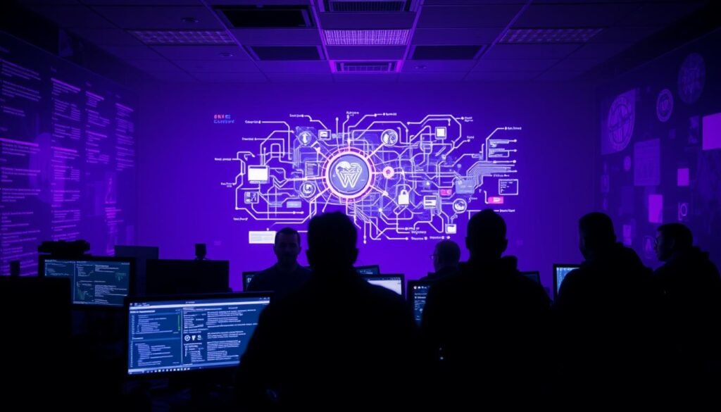 A dimly lit cybersecurity control room, bathed in a soft, eerie purple glow. In the foreground, a team of analysts huddled around a bank of screens, faces illuminated by the flickering data feeds. Shadows cast by complex network diagrams and intricate hacking tools create a sense of tension and uncertainty. In the middle ground, a large, holographic display showcases a tangled web of attacks, vulnerabilities, and countermeasures, challenging the purple team to navigate the ever-evolving cyber landscape. The background fades into a blurred, abstract representation of the digital realm, hinting at the vast, interconnected nature of the threats they face. The mood is one of intense focus, with a hint of the daunting challenges that the purple team must overcome.