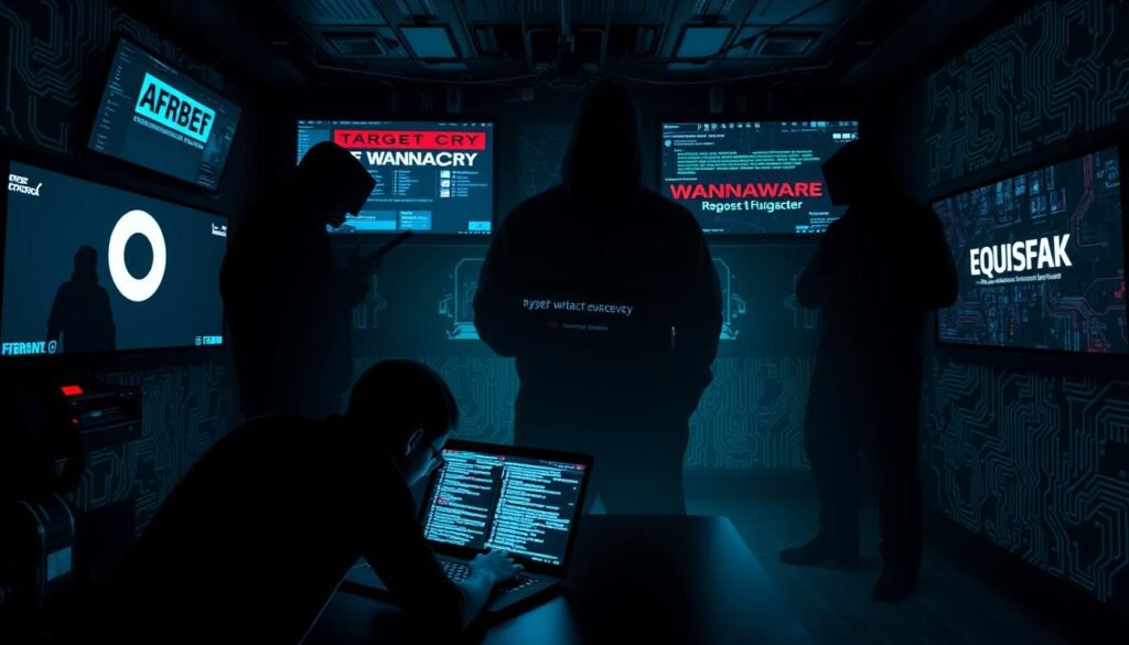 A dimly lit cybersecurity control room, illuminated by the glow of multiple screens displaying infamous hacking incidents. In the foreground, a figure hunched over a laptop, lines of code cascading across the display. Shadowy silhouettes of past cyber-attacks - the Target data breach, the WannaCry ransomware outbreak, the Equifax hack - loom in the background, creating an ominous atmosphere. The room is bathed in an eerie blue-green light, casting a somber, technical mood. Intricate circuit board patterns and network visualizations adorn the walls, hinting at the complex, interconnected nature of the digital world. The overall scene conveys the gravity and weight of these landmark cybersecurity events.