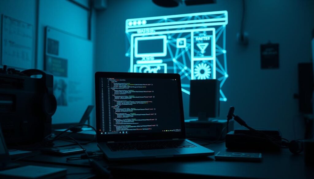 A dimly lit cybersecurity lab, with a hacker's laptop prominently displayed on a cluttered desk. The screen shows a web browser window open, with lines of code cascading down, hinting at the probing of an XSS vulnerability. The room is bathed in a soft, bluish glow, creating an atmosphere of focused intensity. In the background, a large, abstract wireframe model of a web page hints at the complex nature of web security. The overall scene conveys a sense of investigation and discovery, reflecting the process of identifying and understanding XSS vulnerabilities. A dimly lit cybersecurity lab, with a hacker's laptop prominently displayed on a cluttered desk. The screen shows a web browser window open, with lines of code cascading down, hinting at the probing of an XSS vulnerability. The room is bathed in a soft, bluish glow, creating an atmosphere of focused intensity. In the background, a large, abstract wireframe model of a web page hints at the complex nature of web security. The overall scene conveys a sense of investigation and discovery, reflecting the process of identifying and understanding XSS vulnerabilities.