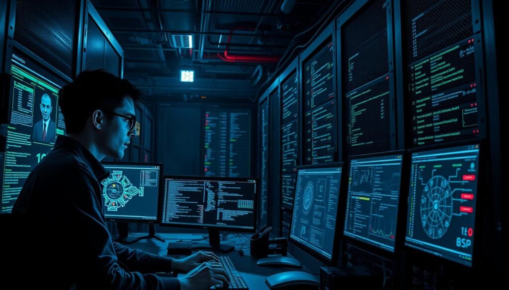 A dimly lit data center, rows of server racks casting long shadows, the glow of monitors illuminating a security analyst's focused expression as they pore over detailed log entries. Sleek, modern workstations display intricate network diagrams and threat intelligence, while in the background, a massive SIEM dashboard tracks real-time security events. The scene conveys the intense, methodical work of a blue team, using their expertise to sift through vast troves of data, hunting for the subtle indicators that might reveal a sophisticated cyber threat. A dimly lit data center, rows of server racks casting long shadows, the glow of monitors illuminating a security analyst's focused expression as they pore over detailed log entries. Sleek, modern workstations display intricate network diagrams and threat intelligence, while in the background, a massive SIEM dashboard tracks real-time security events. The scene conveys the intense, methodical work of a blue team, using their expertise to sift through vast troves of data, hunting for the subtle indicators that might reveal a sophisticated cyber threat.