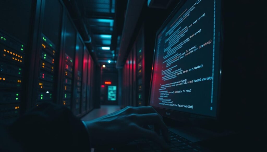 A dimly lit data center, servers flashing with digital activity. In the foreground, a hand types furiously on a keyboard, lines of code cascading across a computer screen. Shadows loom, hinting at the malicious intent behind the SQL injection attack unfolding. The atmosphere is tense, the air thick with the weight of cybersecurity breaches. Dramatic lighting casts dramatic angles, drawing the viewer's eye to the core of the threat. Technical details abound, from the sleek hardware to the complex programming language, all culminating in a scene that captures the essence of this network security risk.