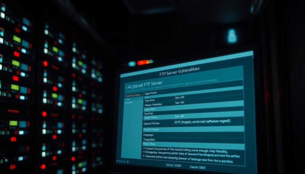 A dimly lit data center, servers stacked high, their blinking lights casting an eerie glow. In the foreground, a computer screen displays a detailed analysis of FTP server vulnerabilities - open ports, weak password policies, and outdated software versions. The room is shrouded in shadows, creating a sense of unease and the need for heightened security. The scene is captured through a high-contrast, low-key lighting setup, emphasizing the technical details and the potential threats lurking within the system.