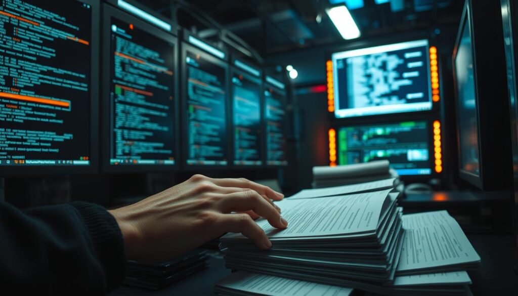 A dimly lit data center, the glow of multiple computer screens casting a soft light across the desk. Stacks of server logs, their lines of code and timestamps forming a complex tapestry of cybersecurity information. In the foreground, a security analyst's hands deftly navigate through the data, searching for patterns and anomalies that could signal a potential threat. The scene is captured with a wide-angle lens, providing a sense of depth and the weight of the responsibility resting on the analyst's shoulders. The overall mood is one of focused intensity, underscoring the critical role that logs play in the detection and prevention of cyber attacks. A dimly lit data center, the glow of multiple computer screens casting a soft light across the desk. Stacks of server logs, their lines of code and timestamps forming a complex tapestry of cybersecurity information. In the foreground, a security analyst's hands deftly navigate through the data, searching for patterns and anomalies that could signal a potential threat. The scene is captured with a wide-angle lens, providing a sense of depth and the weight of the responsibility resting on the analyst's shoulders. The overall mood is one of focused intensity, underscoring the critical role that logs play in the detection and prevention of cyber attacks.