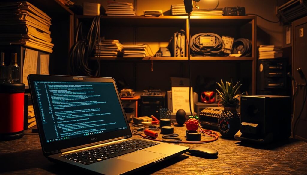 A dimly lit, gritty, and industrial-style lab setting, with various Kali Linux hacking tools prominently displayed on a workbench. In the foreground, a high-contrast close-up of a sleek, black laptop, its screen glowing with lines of code. In the middle ground, an array of cybersecurity gadgets, including a USB Rubber Ducky, a Raspberry Pi, and a Wifi Pineapple. In the background, shelves lined with technical manuals, networking hardware, and enigmatic electronic components, casting long shadows across the scene. The overall atmosphere is one of focused intensity, hinting at the power and complexity of the Kali Linux toolset. A dimly lit, gritty, and industrial-style lab setting, with various Kali Linux hacking tools prominently displayed on a workbench. In the foreground, a high-contrast close-up of a sleek, black laptop, its screen glowing with lines of code. In the middle ground, an array of cybersecurity gadgets, including a USB Rubber Ducky, a Raspberry Pi, and a Wifi Pineapple. In the background, shelves lined with technical manuals, networking hardware, and enigmatic electronic components, casting long shadows across the scene. The overall atmosphere is one of focused intensity, hinting at the power and complexity of the Kali Linux toolset.