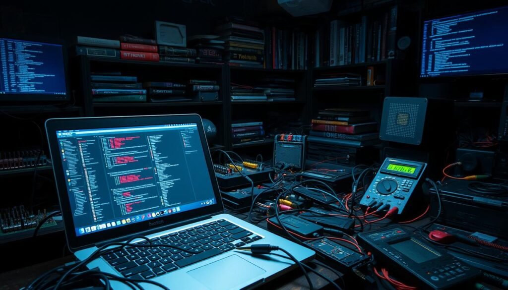 A dimly lit, gritty workshop filled with an assortment of hacking tools. In the foreground, a high-tech laptop with a complex user interface, surrounded by a tangle of wires and cables. In the middle ground, various hardware devices like network adapters, USB dongles, and a state-of-the-art multimeter. In the background, shelves stocked with cybersecurity books, technical manuals, and a monitor displaying lines of code. The scene is illuminated by the soft glow of LED lights, casting dramatic shadows and creating an atmosphere of intense focus and technical mastery. The overall impression is one of a dedicated ethical hacker's workspace, filled with the essential tools required to analyze, test, and secure digital systems.