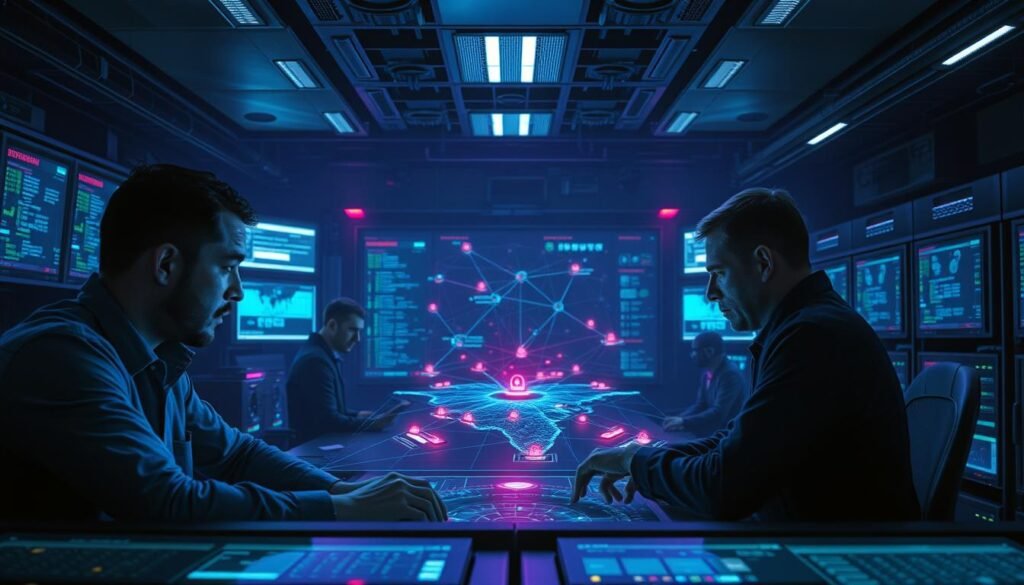 A dimly lit, high-tech command center, with a team of cybersecurity experts collaborating intensely. In the foreground, two analysts pore over displays, their expressions focused as they coordinate defensive strategies. In the middle ground, a large holographic map projects a network topology, with pulsing indicators signaling potential threats. The background is filled with sophisticated monitoring equipment, servers, and banks of screens displaying real-time data. Overhead, soft blue and purple lighting creates an atmosphere of urgency and vigilance, underscoring the vital importance of their work in protecting against cyber attacks.