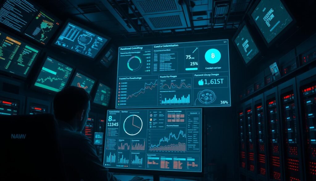 A dimly lit, high-tech control room, bathed in the soft glow of multiple holographic displays. In the foreground, a network administrator carefully monitors a dashboard filled with real-time credential activity and security alerts. The middle ground showcases a large, transparent projection screen, displaying detailed graphs and statistics on user authentication, password changes, and potential breaches. In the background, rows of server racks and blinking LED panels create an atmosphere of sophisticated digital surveillance. The scene conveys a sense of vigilance, with the administrator's intense focus and the room's somber, technical ambiance, highlighting the importance of continuous credential monitoring to maintain network security.