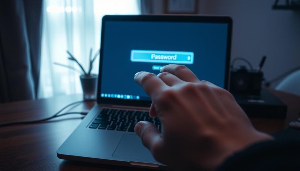 A dimly lit home office, with a laptop on a wooden desk. The laptop screen displays a password entry field, its cursor blinking, signaling the need for secure authentication. In the foreground, a hand hovers over the keyboard, hesitant, as if contemplating the importance of a strong, unique password. The background is slightly blurred, emphasizing the focus on the laptop screen and the secure access it represents. The scene conveys a sense of caution and the need for vigilance when it comes to safeguarding network devices and their default credentials.