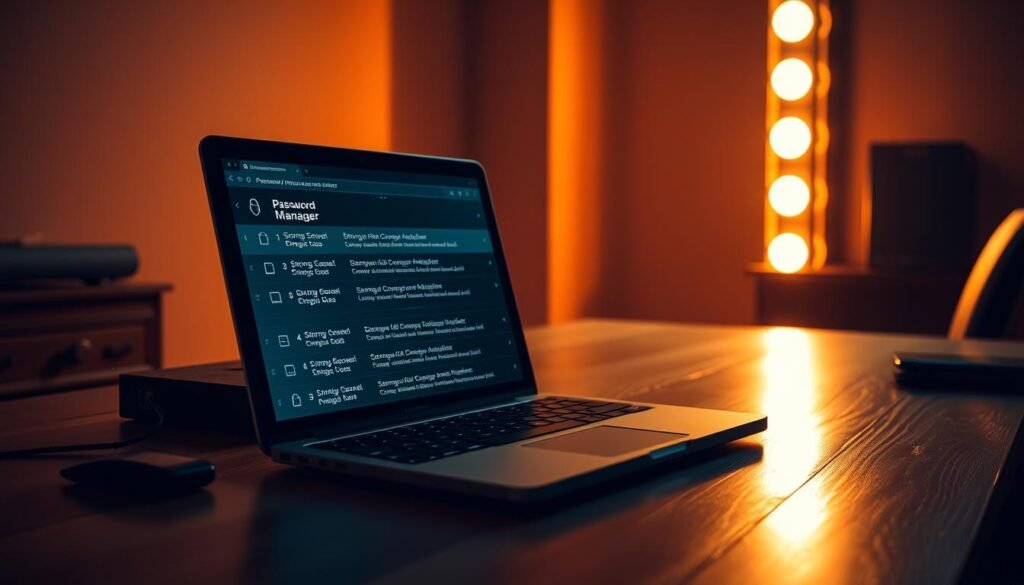 A dimly lit, minimalist office scene with a laptop on a wooden desk. The laptop screen displays a password manager interface with strong, complex passwords highlighted in bold text. The background is slightly blurred, emphasizing the focus on the password manager. The lighting is warm and directional, creating dramatic shadows and highlights on the desk surface. The overall mood is one of security, focus, and attention to detail.