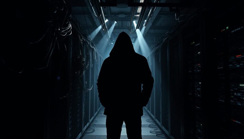 A dimly lit network hub with cables and servers in the foreground, casting long shadows. In the middle ground, a shadowy figure in a hooded jacket, their face obscured, intercepting data transmissions. The background is a maze of interconnected nodes and digital pathways, hinting at the vast scale and complexity of the attack. Dramatic chiaroscuro lighting, with beams of light cutting through the gloom, creates a sense of tension and unease. The overall mood is ominous and foreboding, reflecting the gravity of a man-in-the-middle attack and its potential consequences.