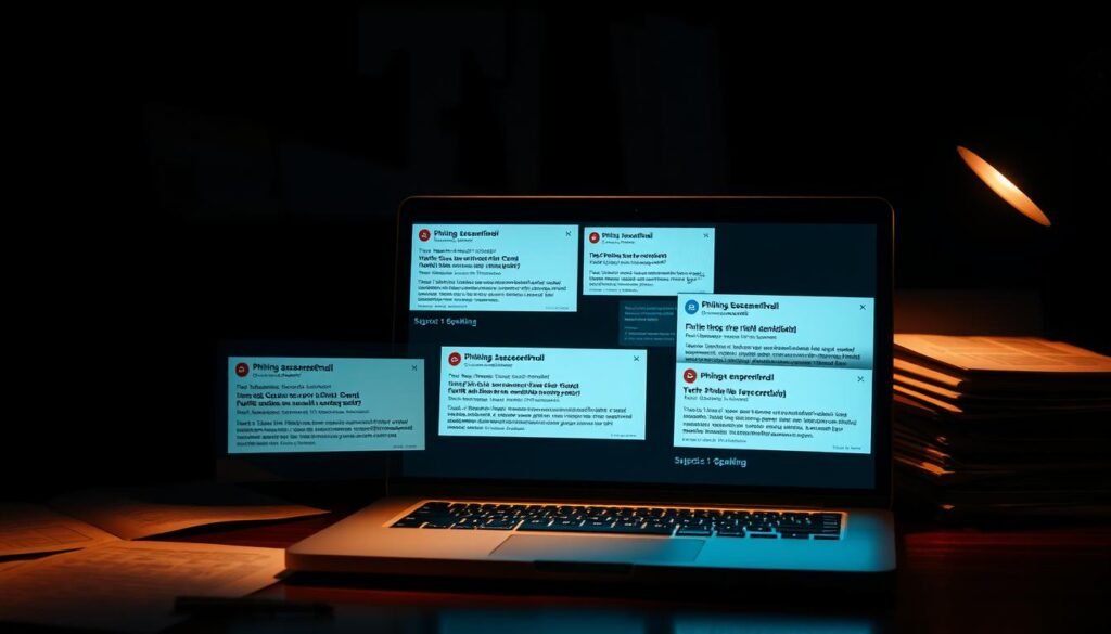 A dimly lit office desk, with a laptop and scattered papers, creating an atmosphere of a cybersecurity professional's workspace. On the laptop screen, a series of phishing email notifications pop up, each with distinctive subject lines and sender details, designed to lure unsuspecting victims. The lighting casts shadows, adding a sense of caution and seriousness to the scene. The overall composition suggests the careful analysis and simulation of a phishing attack, in line with the article's subject matter and section title.