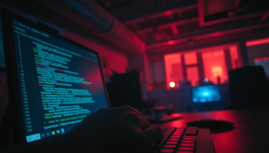 A dimly lit office space, the glow of a computer screen casting an eerie light. In the foreground, a hand hovers over a keyboard, the fingers poised to click on a suspicious email. The background is blurred, hinting at the potential consequences of this action - a maze of complex phishing schemes, luring unsuspecting victims. The atmosphere is tense, with a sense of impending danger, as the user contemplates the decision that could lead to a security breach. Moody lighting and a sense of unease pervade the scene, emphasizing the seriousness of the situation and the need for caution when simulating phishing attacks.