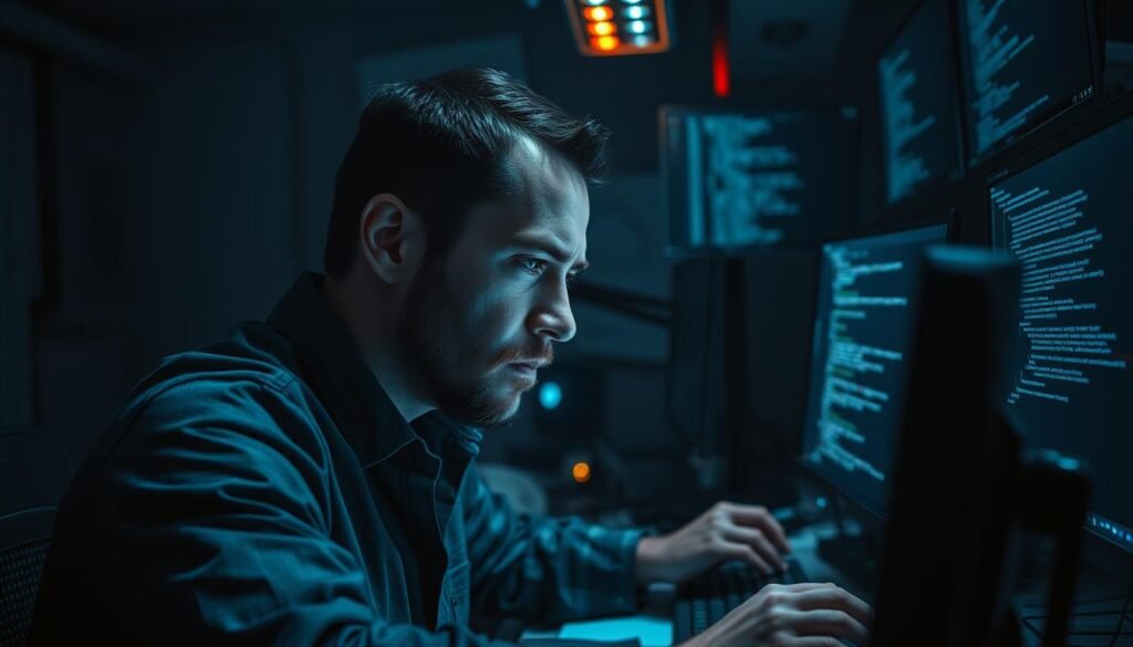 A dimly lit office, the glow of multiple computer screens casting shadows across the cluttered desk. On the screens, lines of complex data and error messages flash, hinting at the challenges faced by the blue team. In the foreground, a cybersecurity analyst, brow furrowed in concentration, sifts through a sea of log files, searching for the elusive signs of a looming threat. The atmosphere is tense, the weight of responsibility palpable, as the team works tirelessly to secure the network, their tools and techniques the only defense against the ever-evolving tactics of cybercriminals. A dimly lit office, the glow of multiple computer screens casting shadows across the cluttered desk. On the screens, lines of complex data and error messages flash, hinting at the challenges faced by the blue team. In the foreground, a cybersecurity analyst, brow furrowed in concentration, sifts through a sea of log files, searching for the elusive signs of a looming threat. The atmosphere is tense, the weight of responsibility palpable, as the team works tirelessly to secure the network, their tools and techniques the only defense against the ever-evolving tactics of cybercriminals.