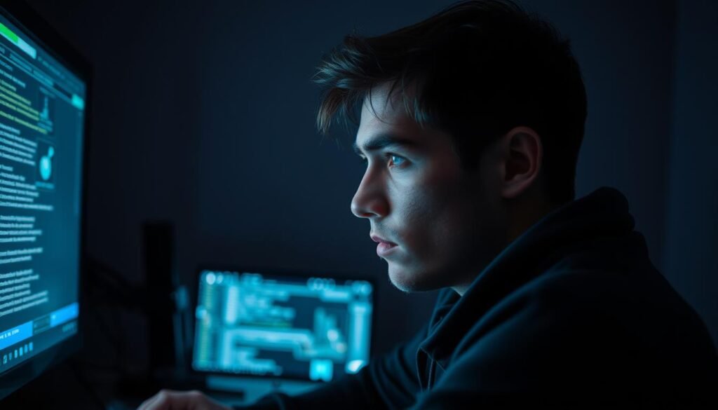 A dimly lit room, the glow of a computer screen casting a soft light on the focused face of an ethical hacker. The scene conveys a sense of thoughtfulness and responsibility, with technical equipment like a keyboard and mouse visible, but no overt signs of malicious intent. The background is muted, allowing the subject to take center stage, their expression one of contemplation rather than recklessness. The overall mood is one of careful, methodical investigation, reflecting the nuanced approach required for "ethical password cracking" in the service of security and education.