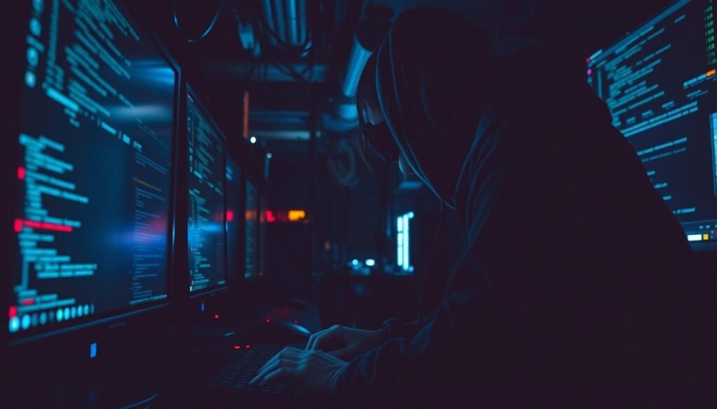 A dimly lit room, the glow of multiple computer screens casting an eerie light. In the foreground, a figure hunched over a keyboard, their hands deftly navigating the interface as they probe and test the system's defenses. The background is a maze of network cables, blinking lights, and the faint hum of hardware. The atmosphere is tense, focused, with a sense of purpose and determination. The image conveys the essence of penetration testing – a strategic and meticulous process of identifying and exploiting vulnerabilities to strengthen cybersecurity.
