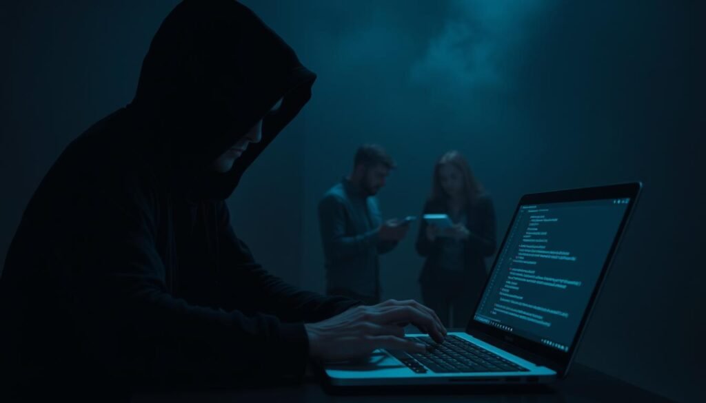 A dimly lit scene of a shadowy figure intercepting digital communication between two unsuspecting individuals. In the foreground, the hacker, cloaked in a dark hoodie, intently monitors a sleek laptop displaying lines of code. In the middle ground, two people, unaware of the breach, exchange files and messages on their devices. The background is hazy, conveying a sense of unease and vulnerability. The lighting is moody, casting dramatic shadows and highlighting the technical details. The overall atmosphere evokes the sinister nature of a man-in-the-middle attack, where trust is betrayed, and sensitive information is compromised.
