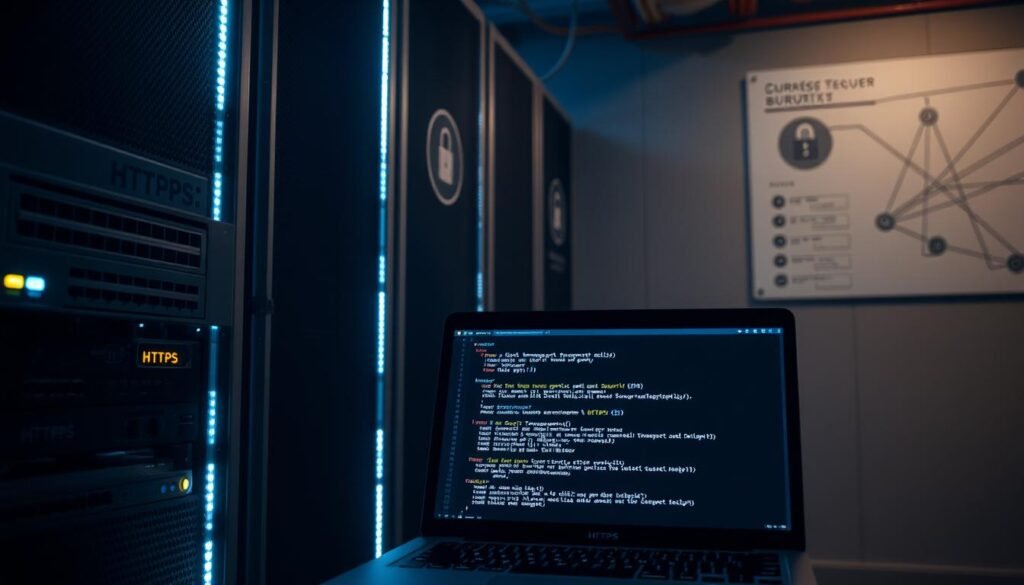 A dimly lit server room, bathed in the soft glow of blinking status lights. In the foreground, a sturdy metal rack hosting a network switch and a series of sleek black servers, their cases emblazoned with the iconic "HTTPS" logo. The middle ground showcases a laptop display, the screen filled with lines of code highlighting the configuration of a "Strict-Transport-Security" policy. In the background, a wall-mounted network diagram illustrates the interconnected nature of the secure infrastructure. The scene exudes a sense of technical precision and unwavering commitment to digital security, captured through a cinematic lens with dramatic shadows and highlights. A dimly lit server room, bathed in the soft glow of blinking status lights. In the foreground, a sturdy metal rack hosting a network switch and a series of sleek black servers, their cases emblazoned with the iconic "HTTPS" logo. The middle ground showcases a laptop display, the screen filled with lines of code highlighting the configuration of a "Strict-Transport-Security" policy. In the background, a wall-mounted network diagram illustrates the interconnected nature of the secure infrastructure. The scene exudes a sense of technical precision and unwavering commitment to digital security, captured through a cinematic lens with dramatic shadows and highlights.