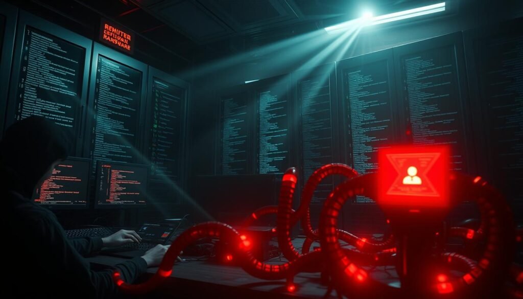 A dimly lit server room, shadowy figures hunched over keyboards, lines of code scrolling across multiple screens. Ominous red warnings and glitching displays hint at a ransomware attack in progress. Beams of ominous light slice through the darkness, casting an eerie glow on the tense, focused expressions of the cybercriminals. The air is thick with tension, the only sound the ominous tapping of keys. In the foreground, a malicious-looking piece of ransomware software takes shape, its tentacles reaching out to infect vulnerable systems. The overall mood is one of dread and foreboding, capturing the high-stakes, high-tension nature of a ransomware assault.