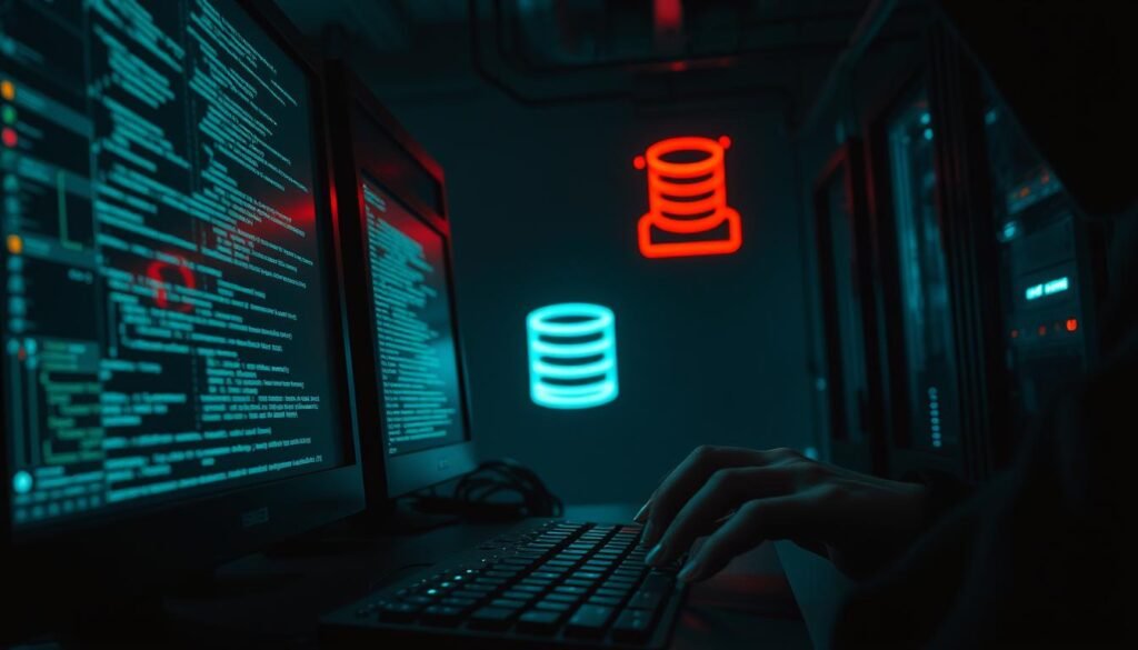 A dimly lit server room, the glow of computer screens casting an eerie light. In the foreground, a hacker's hands deftly typing on a keyboard, lines of code cascading across the screen - a SQL injection attack unfolding. The middle ground reveals a vulnerable web application, its architecture exposed, while in the background, a stylized database symbol looms ominously, representing the potential for data breach and compromise. The scene conveys the tension and danger of SQL injection, a technical and unseen threat with grave consequences for web security. A dimly lit server room, the glow of computer screens casting an eerie light. In the foreground, a hacker's hands deftly typing on a keyboard, lines of code cascading across the screen - a SQL injection attack unfolding. The middle ground reveals a vulnerable web application, its architecture exposed, while in the background, a stylized database symbol looms ominously, representing the potential for data breach and compromise. The scene conveys the tension and danger of SQL injection, a technical and unseen threat with grave consequences for web security.