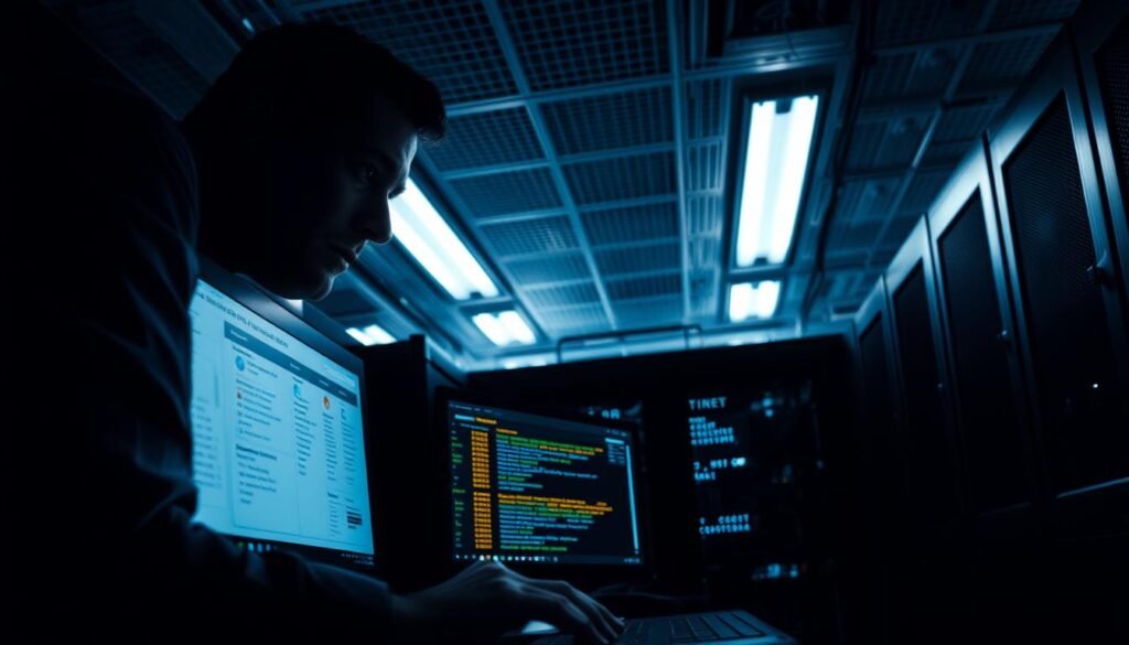 A dimly lit server room, the glow of monitors casting a soft light across a network administrator's workspace. In the foreground, a laptop screen displays a security dashboard, highlighting potential vulnerabilities and outdated software versions. The administrator, clad in a pressed button-down shirt, leans in intently, brow furrowed as they analyze the data. Shadows creep in the corners, adding a sense of urgency to the scene. Overhead, a sparse grid of fluorescent lights casts a clinical ambiance, while the hum of cooling fans and the faint click of a keyboard create an atmosphere of quiet concentration. The image conveys the seriousness of the task at hand - safeguarding systems against the risks posed by outdated software. A dimly lit server room, the glow of monitors casting a soft light across a network administrator's workspace. In the foreground, a laptop screen displays a security dashboard, highlighting potential vulnerabilities and outdated software versions. The administrator, clad in a pressed button-down shirt, leans in intently, brow furrowed as they analyze the data. Shadows creep in the corners, adding a sense of urgency to the scene. Overhead, a sparse grid of fluorescent lights casts a clinical ambiance, while the hum of cooling fans and the faint click of a keyboard create an atmosphere of quiet concentration. The image conveys the seriousness of the task at hand - safeguarding systems against the risks posed by outdated software.